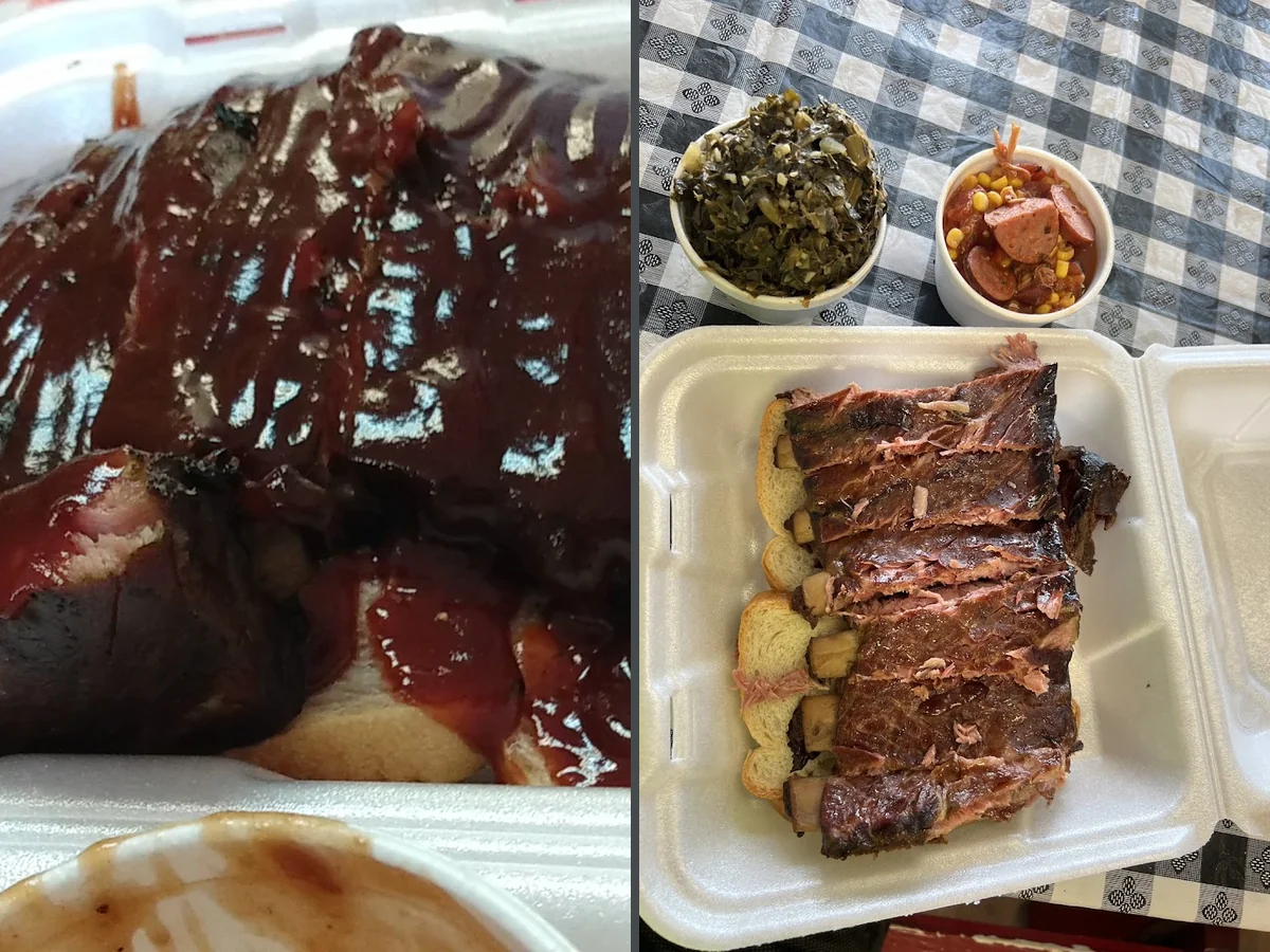 Smoked ribs on a barbecue tray.