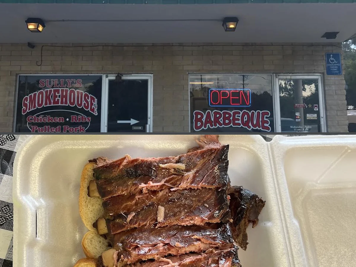 Pulled pork and sides on paper plates.
