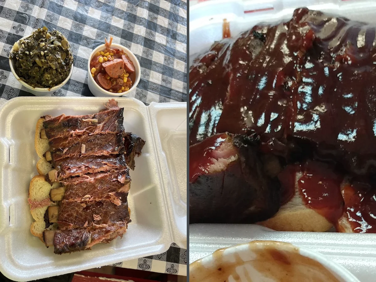 Collard greens beside baked beans.